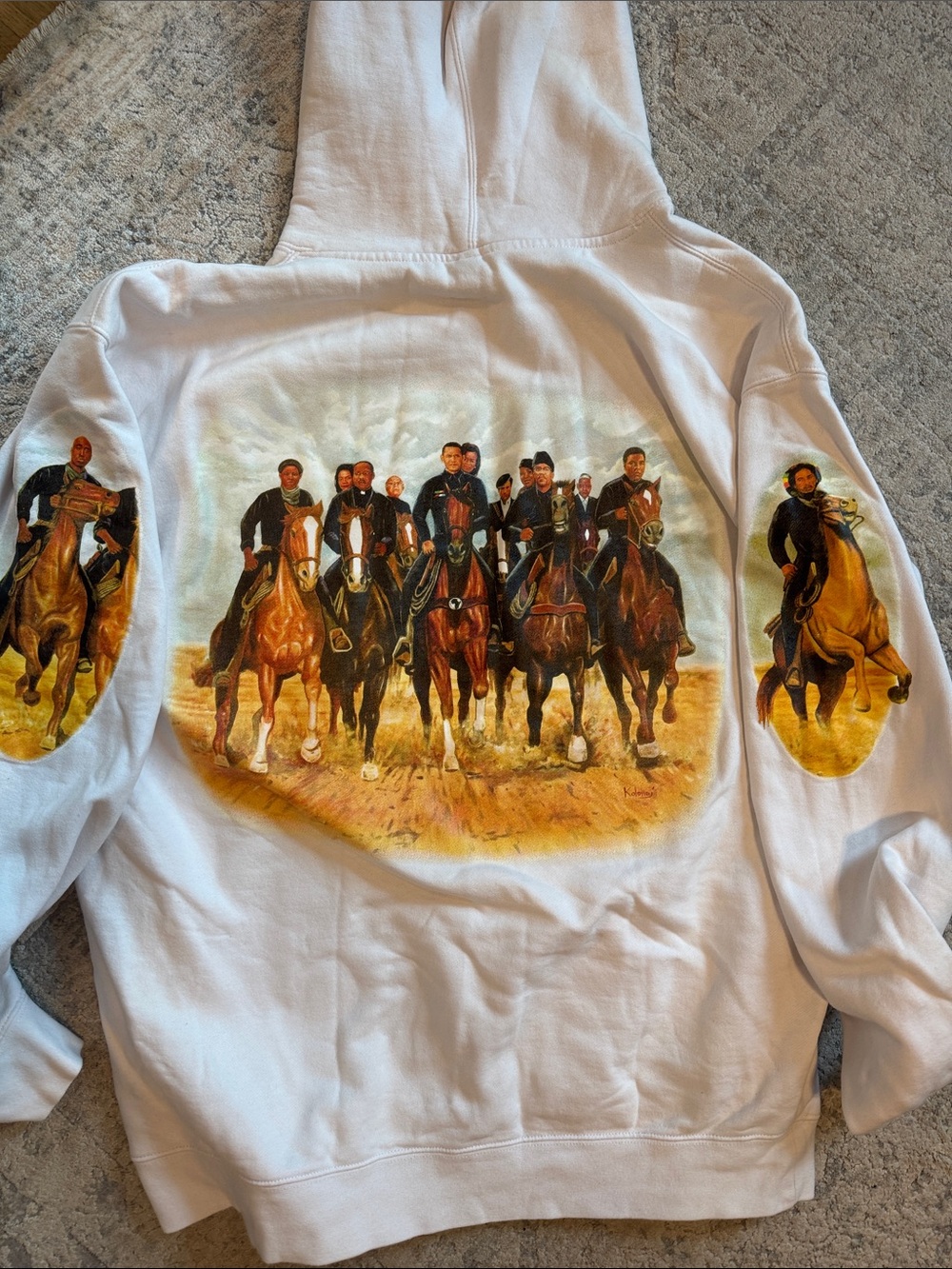 10.Deep White Hoodie with historical black Riders Graphic